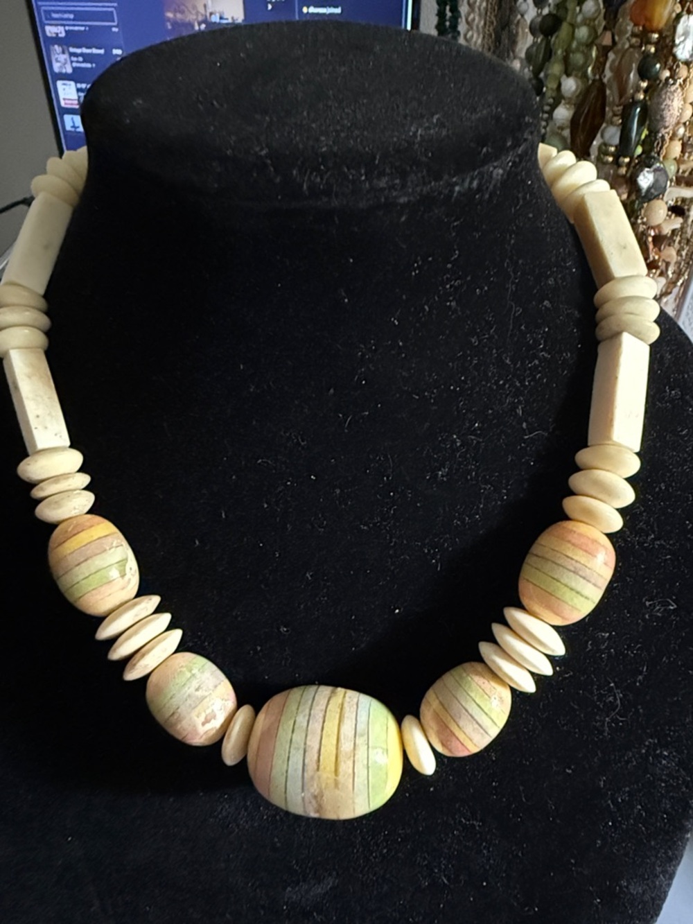 Vintage Santa Fe Style Bone Beaded Striped Oval Beads Necklace